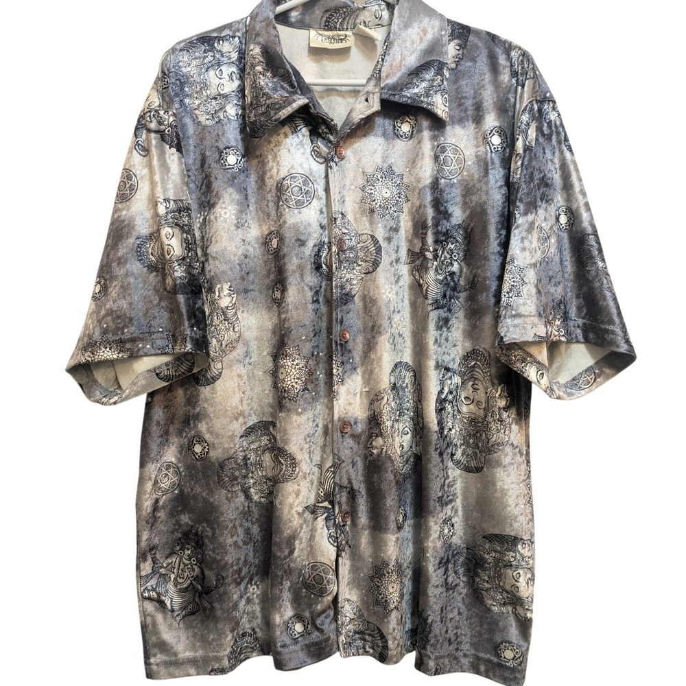 New Tribe Shirt Mens XL Gray Buddha Graphic Velvet Button Up Spiritual AOP‎ Top